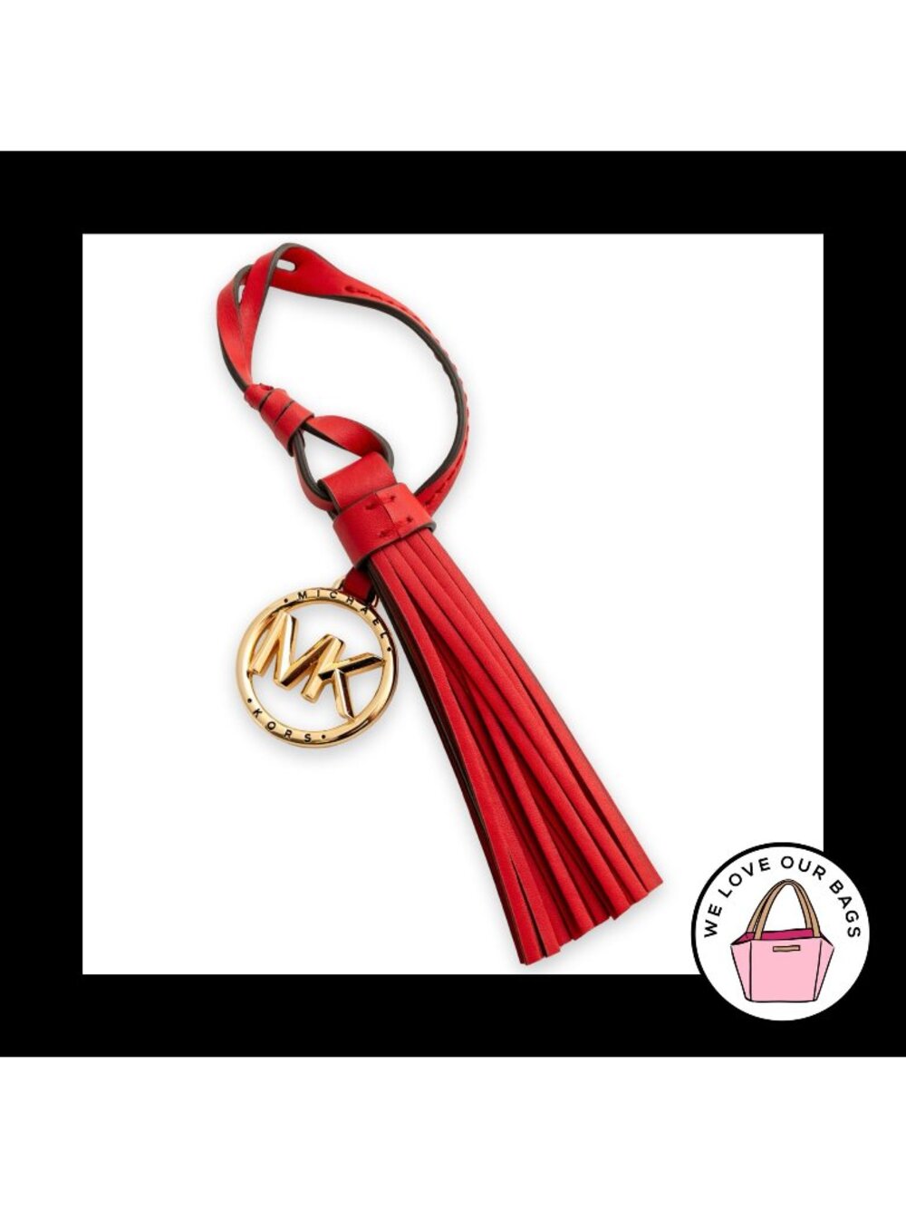 New MICHAEL KORS TASSEL Red Leather Gold Metal Bag Charm Hang Tag Keychain Fob